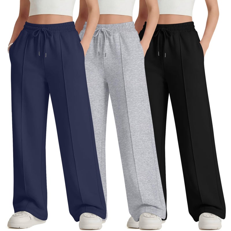 LessonZoo 3 Pack Girls Wide Leg Sweatpants Drawstring Baggy Pants Teen Girls Athletic Joggers Pants with Pockets 5-14Y(Navy Blue, Light Heather Gray, Black,9-10 Years) - Image 1