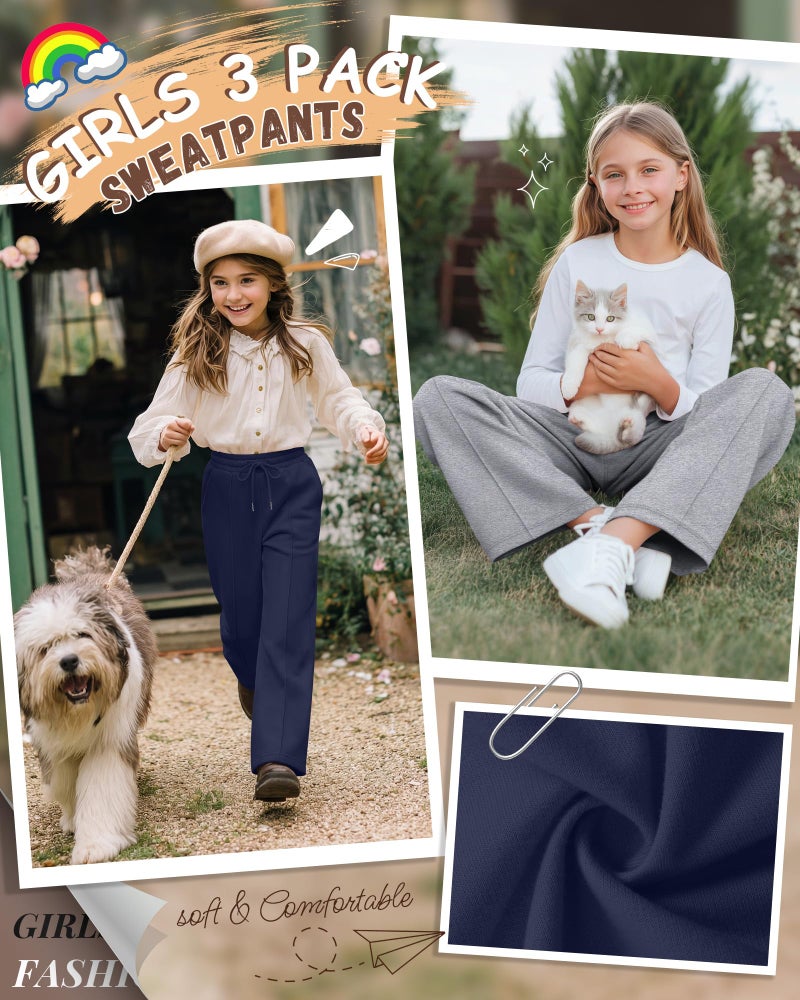 LessonZoo 3 Pack Girls Wide Leg Sweatpants Drawstring Baggy Pants Teen Girls Athletic Joggers Pants with Pockets 5-14Y(Navy Blue, Light Heather Gray, Black,9-10 Years) - Image 2