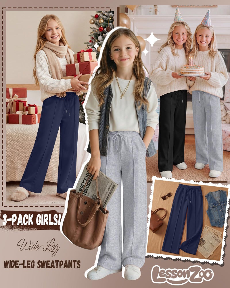 LessonZoo 3 Pack Girls Wide Leg Sweatpants Drawstring Baggy Pants Teen Girls Athletic Joggers Pants with Pockets 5-14Y(Navy Blue, Light Heather Gray, Black,9-10 Years) - Image 3