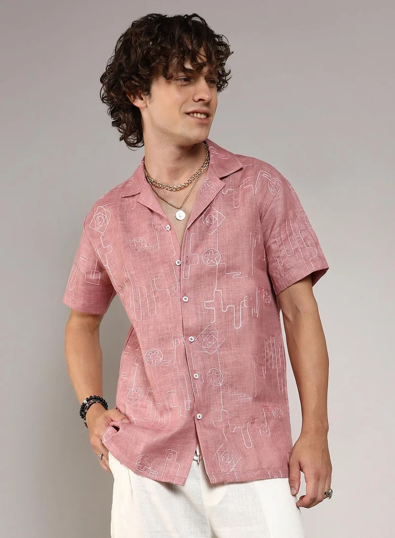 Campus Sutra Men's Rouge Pink Embroidered Lined Shirt