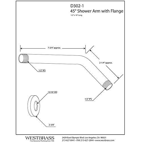 Westbrass 1/2" IPS x 10" Shower Arm with Flange, Polished Chrome, D302-1-26 - Image 2