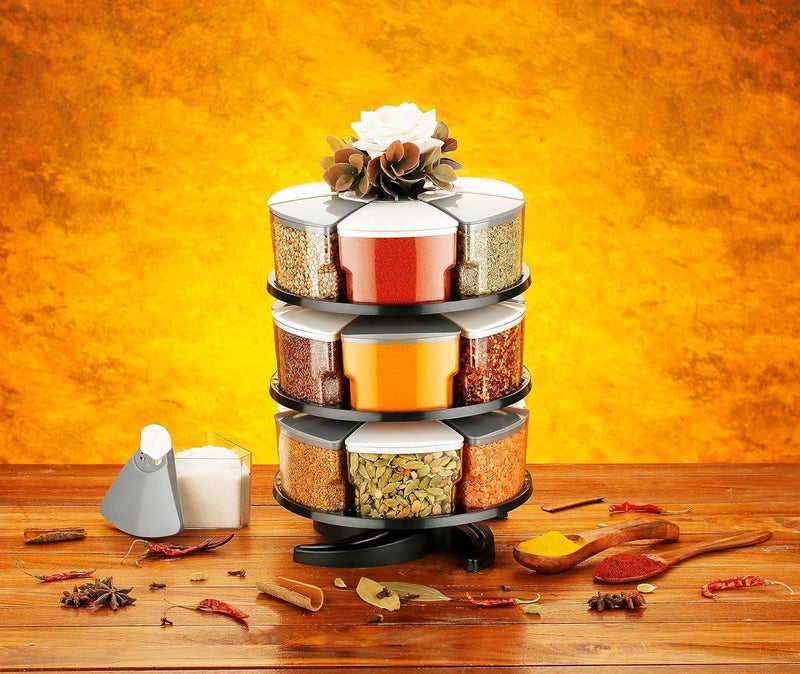 Darkpyro 360 Spice Rack Set of 18 Pieces 3 Layer Spice Set Masala Box Masala Container 300 ml Plastic Grocery Container Grey White Combination Tiered Shelf - Image 2