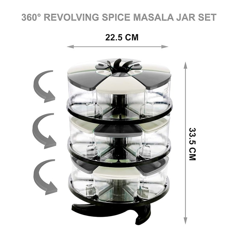 Darkpyro 360 Spice Rack Set of 18 Pieces 3 Layer Spice Set Masala Box Masala Container 300 ml Plastic Grocery Container Grey White Combination Tiered Shelf - Image 4