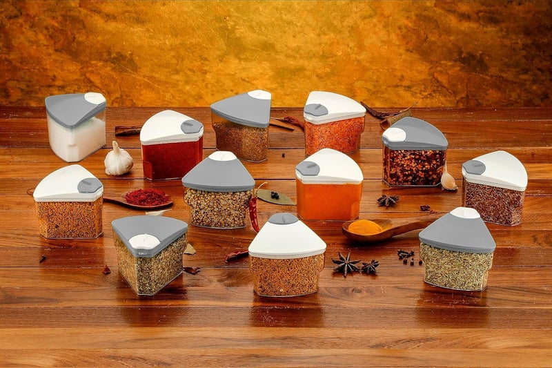 Darkpyro 360 Spice Rack Set of 18 Pieces 3 Layer Spice Set Masala Box Masala Container 300 ml Plastic Grocery Container Grey White Combination Tiered Shelf - Image 3