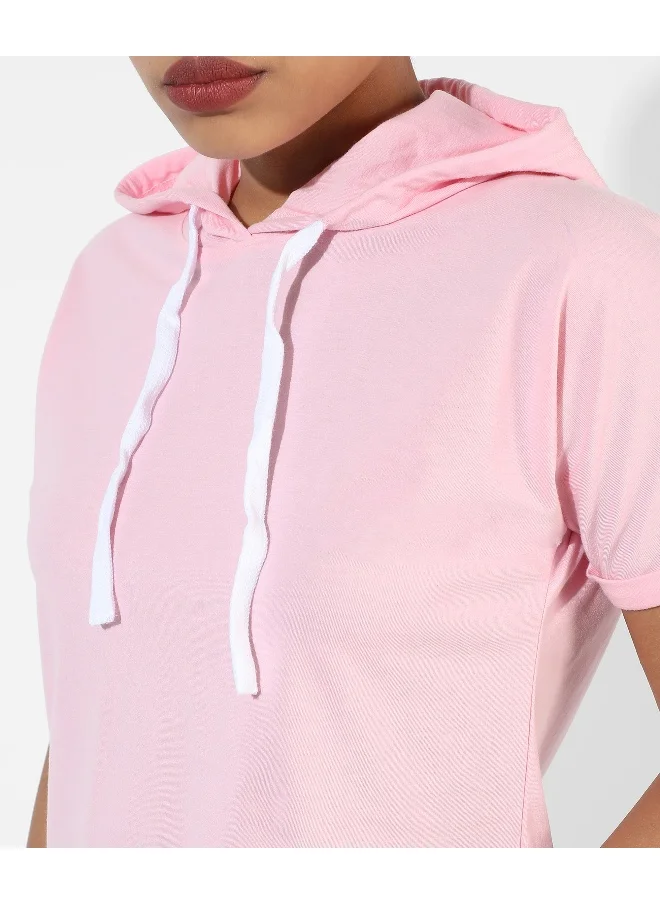 Campus Sutra Women's Solid Light Pink Hooded Top
