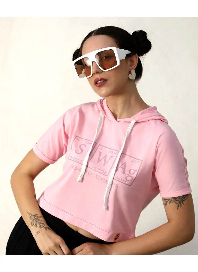 Campus Sutra Women's Solid Light Pink Hooded Top