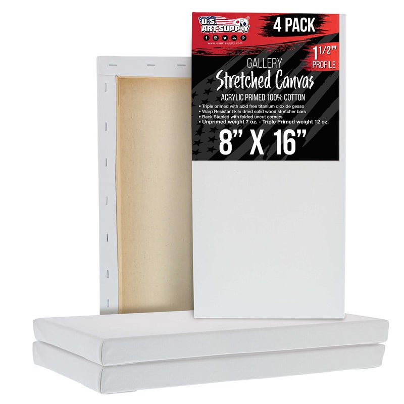US Art Supply Medium Stretched Canvas for Painting 8x16 inch Gallery Depth 112 Thick 4Pack  12oz Acrylic Gesso Triple Primed Professional Artist Quality 100 Cotton  Oil Pouring Paint