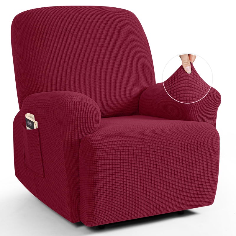 TAOCOCO Recliner Cover 4Pieces Recliner Stretch Sofa Slipcover Recliner Cover 1 Seater Couch Protector Soft Furniture Protector Covers with ElasticChair Covers Jacquard Pattern Burgundy