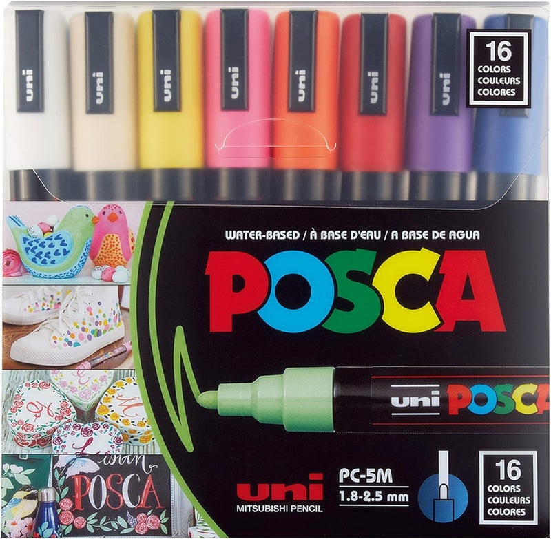 POSCA PC-5M Basic 16-Color Marker Set - Water-Based Pigment Ink