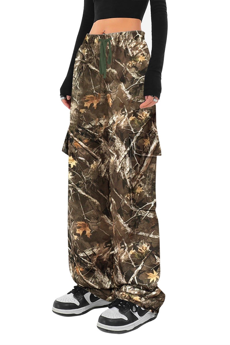 SESERAGI Cargo Pants Women Baggy Streetwear Y2K Drawstring Trousers Wide Leg Pants Camo Maple Leaf M - Image 5
