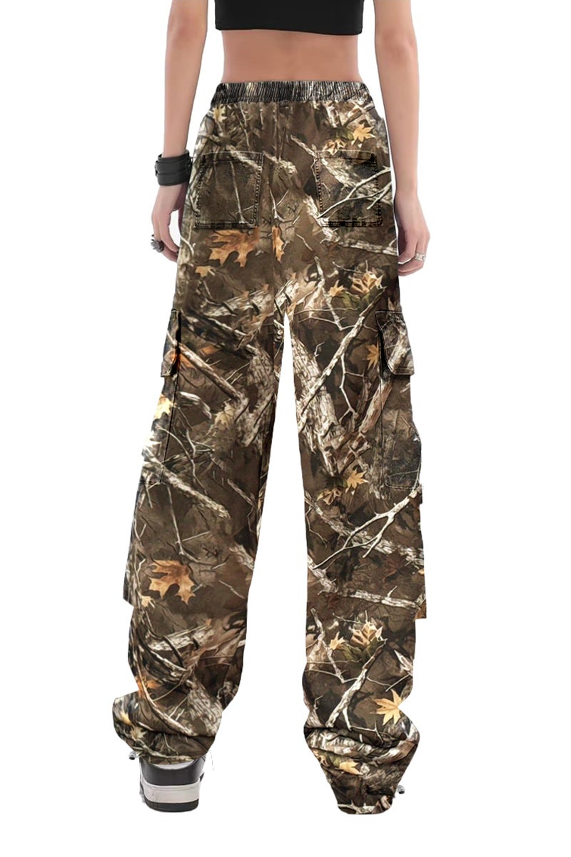 SESERAGI Cargo Pants Women Baggy Streetwear Y2K Drawstring Trousers Wide Leg Pants Camo Maple Leaf M - Image 2