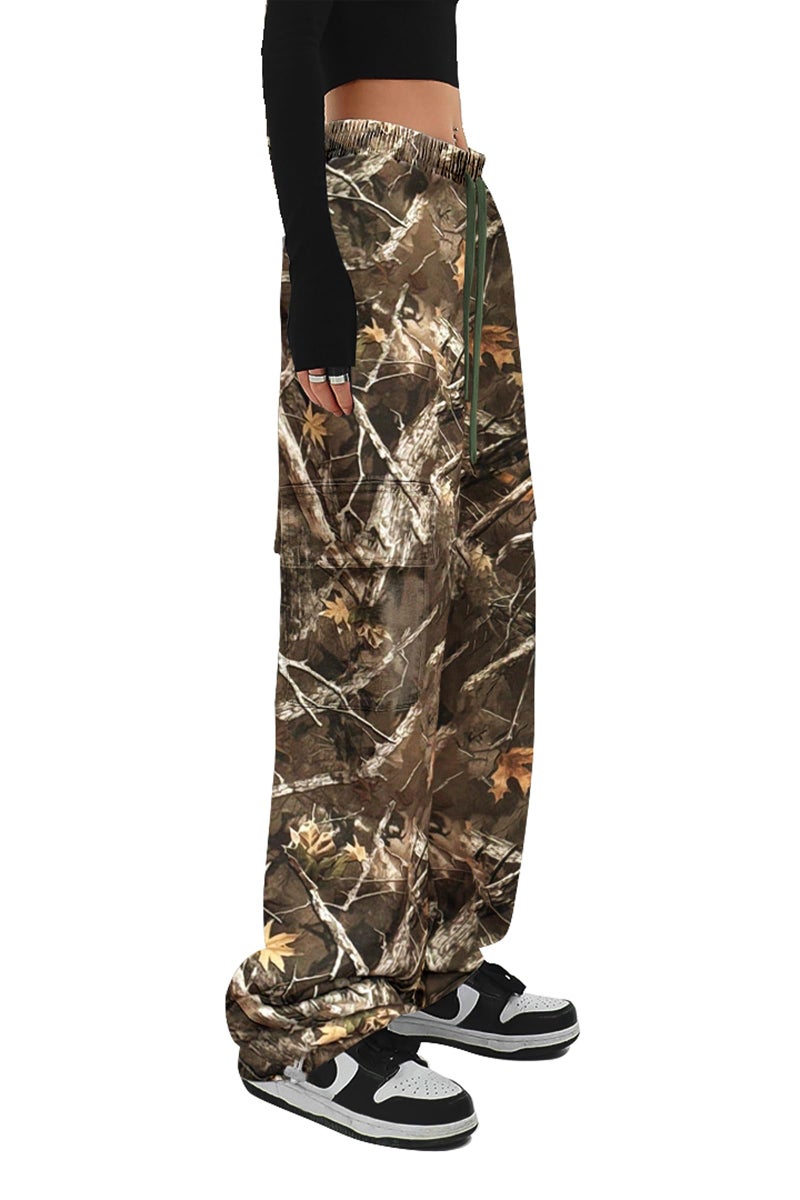 SESERAGI Cargo Pants Women Baggy Streetwear Y2K Drawstring Trousers Wide Leg Pants Camo Maple Leaf M - Image 3