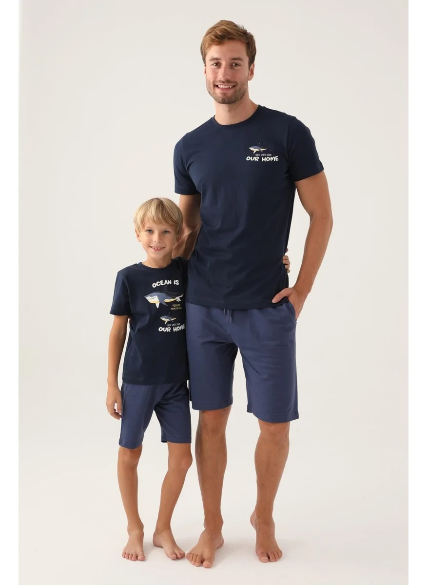 Arnetta Navy Blue Father and Son T-Shirt and Bermuda Shorts Set, Cotton, (Price Separately)