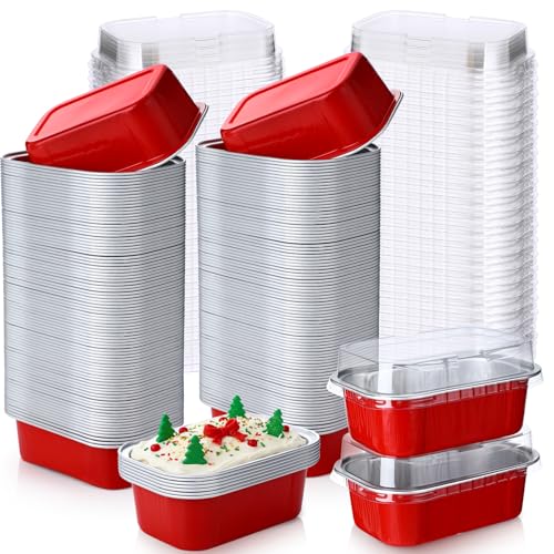 Vesici 100 Sets Mini Loaf Pans with Lids, 5.7 oz Disposable Aluminum Foil Baking Cups, Rectangle Cake Pans for Pudding Desserts Muffin Baking Storage Mother's Day Birthday Party(Red) - Image 1