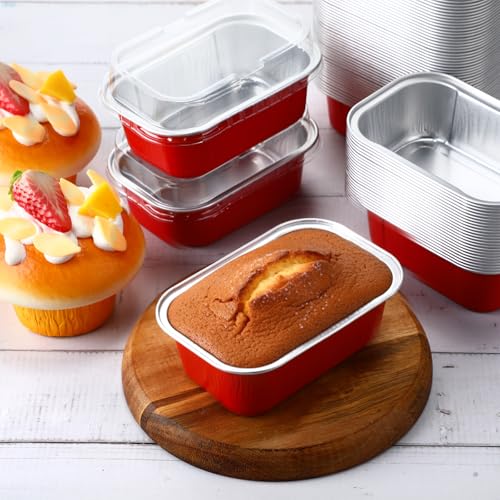 Vesici 100 Sets Mini Loaf Pans with Lids, 5.7 oz Disposable Aluminum Foil Baking Cups, Rectangle Cake Pans for Pudding Desserts Muffin Baking Storage Mother's Day Birthday Party(Red) - Image 5