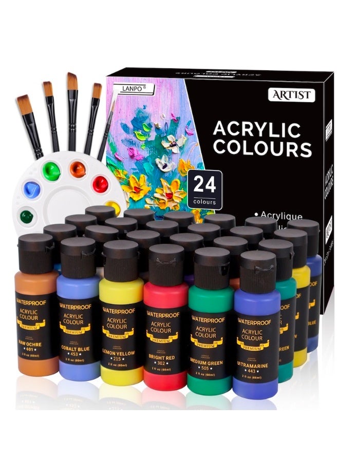 30Pcs Acrylic Paint Set with 24 Colors (60ml) ,5 Brushes,1 Palette - for Adults, Artists & Beginners - Canvas Ceramic Rock Wood Egg Painting Kit