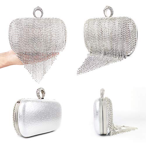 Zebrum Womens Evening Clutch Bag Designer Evening Handbag Hand Bag,Lady Party Wedding Clutch Purse (Rhinestone Tassel-Silver-Big size) - Image 4