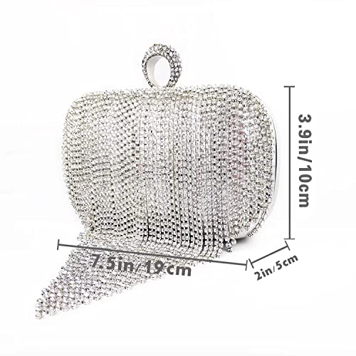 Zebrum Womens Evening Clutch Bag Designer Evening Handbag Hand Bag,Lady Party Wedding Clutch Purse (Rhinestone Tassel-Silver-Big size) - Image 2