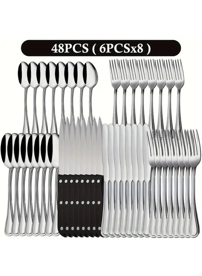 48 Piece Silvery Stainless Steel Flatware Set With Steak Knives Dishwasher Safe - Image 1
