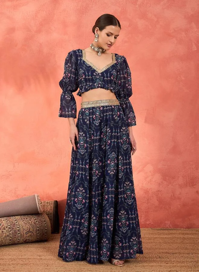 ساسافراس مجموعة من تنورة أناركالي مع بلوزة قصيرة بحافة كشكش