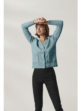 Women V Neck Long Sleeve Textured Cardigan, Blue
