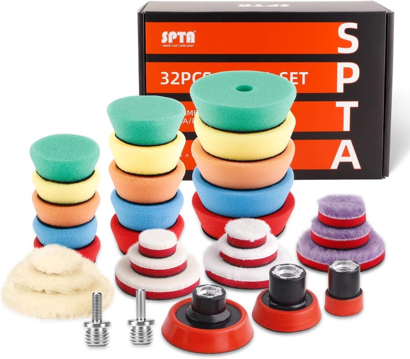 SPTA 29pcs Drill Buffing Pad Detail Polishing Pad Mix Size Kit with 5/8-11 Thread Backing pad & Adapters for Car Sanding, Polishing, Waxing (32Pcs Mini Detail Polishing Sets) - Image 1