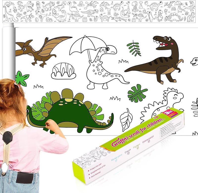 Children's Drawing Roll,Coloring Paper Roll for Kids,Drawing Paper Roll,DIY Painting Color Filling Paper Roll 3M Coloring Paper Roll for Toddler Sticky Color Filling Paper for Kids Craft(Dinosaur)