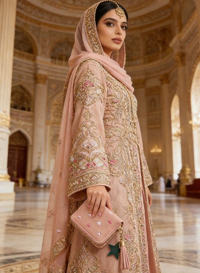 محفظة صغيرة مطرزة على شكل قلب باللون الوردي الفاتح ومزينة بزخرفة نجمة لطيفة ومزودة بسحاب، صغيرة الحجم ومتينة وأنيقة لحمل الأغراض اليومية الضرورية مثل البطاقات والنقود - Image 4