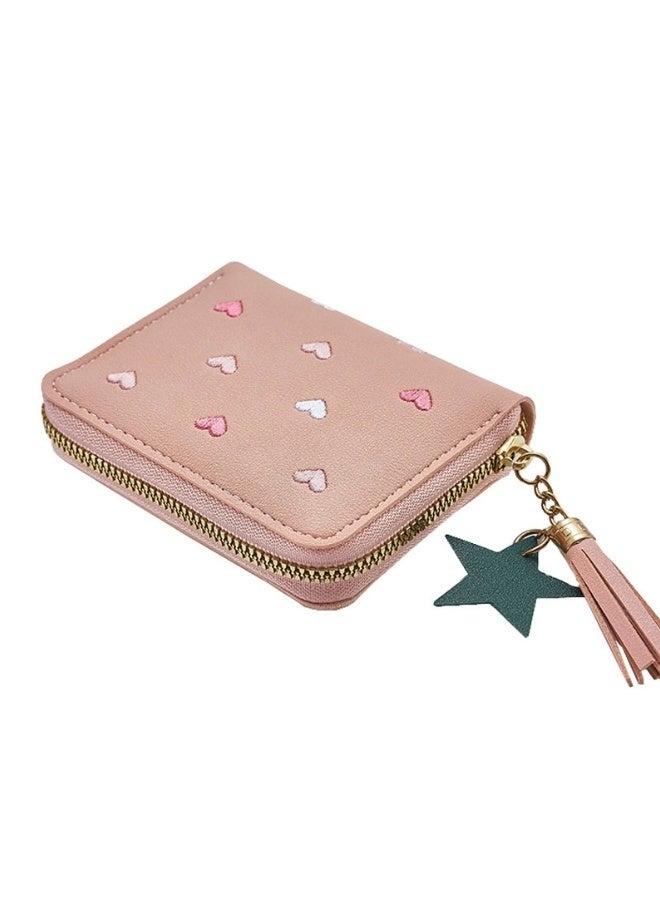 محفظة صغيرة مطرزة على شكل قلب باللون الوردي الفاتح ومزينة بزخرفة نجمة لطيفة ومزودة بسحاب، صغيرة الحجم ومتينة وأنيقة لحمل الأغراض اليومية الضرورية مثل البطاقات والنقود - Image 1