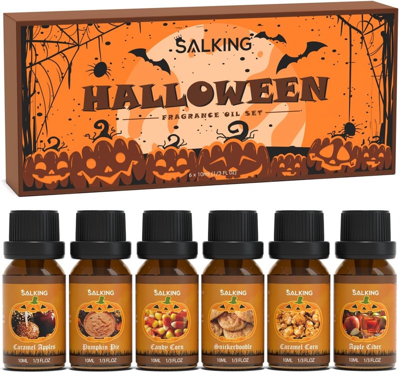 زيوت SALKING العطرية للهالوين، مجموعة هدايا زيوت أساسية ممتازة، زيوت موزع، زيوت معطرة لصناعة الصابون والشموع - فطيرة اليقطين، تفاح بالكراميل، حلوى الذرة، سنيكردودل، ذرة بالكراميل، عصير التفاح - Image 1