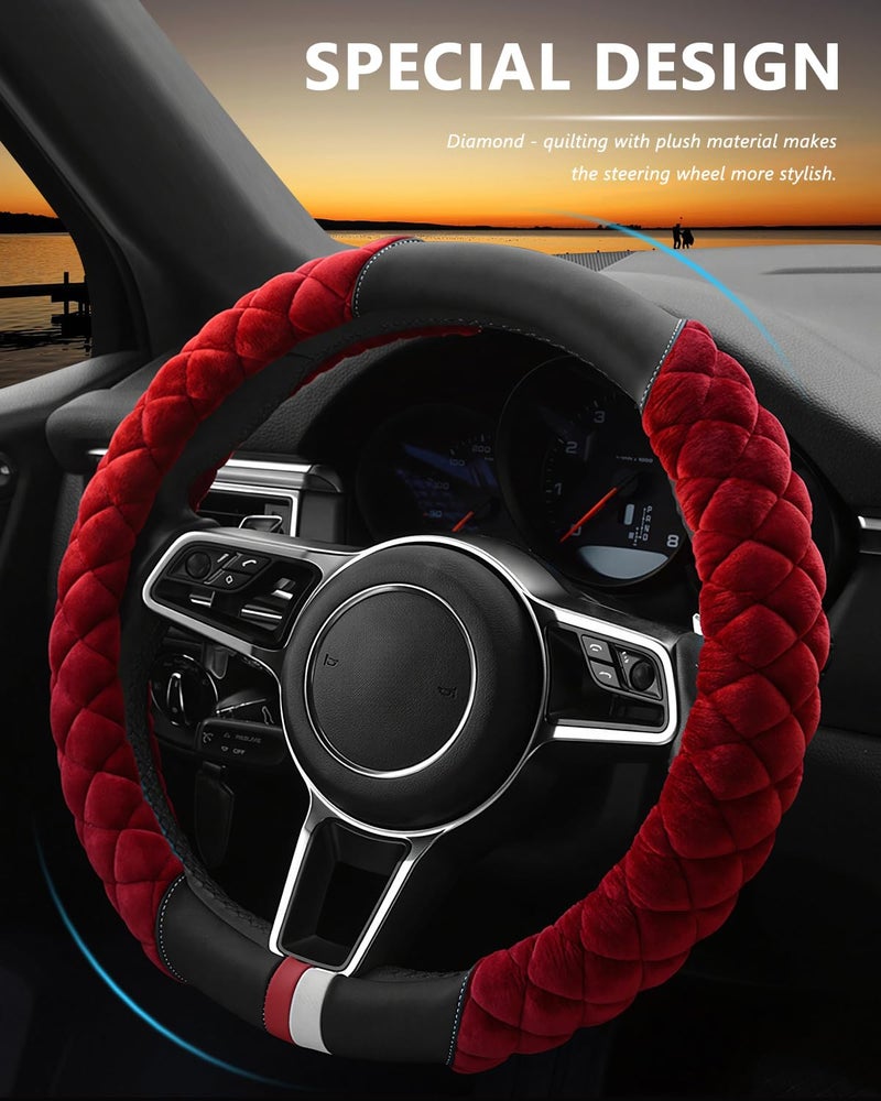 Cxtiy Plush Steering Wheel Cover for Women, Fluffy Soft Warm Winter Steering Wheel Grip for Car Interior Accessories (A-Burgundy) - Image 2