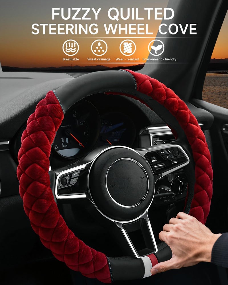 Cxtiy Plush Steering Wheel Cover for Women, Fluffy Soft Warm Winter Steering Wheel Grip for Car Interior Accessories (A-Burgundy) - Image 3