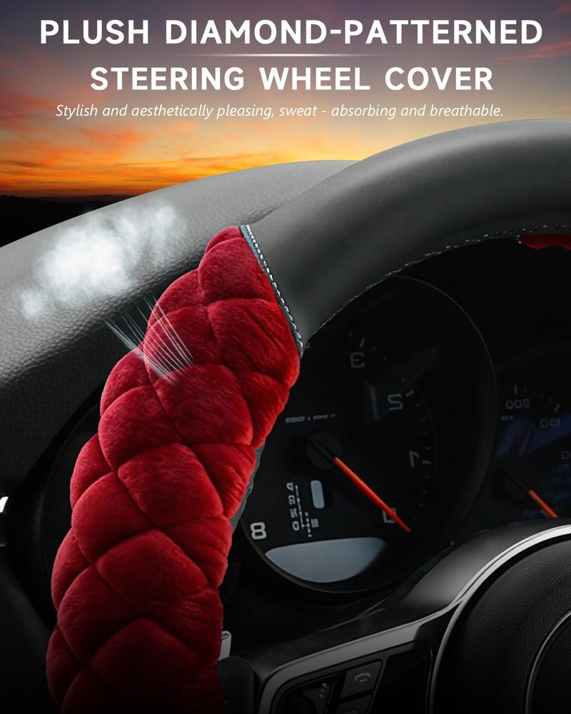Cxtiy Plush Steering Wheel Cover for Women, Fluffy Soft Warm Winter Steering Wheel Grip for Car Interior Accessories (A-Burgundy) - Image 4