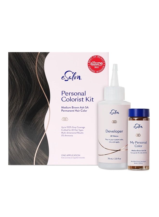 Permanent Hair Color & Hair Dye Complete Kit - Medium Brown Ash - Personal Colorist Kit for Up To 100% Gray Coverage for All Hair Types - Professional-Grade Ammonia-Free Hair Dye