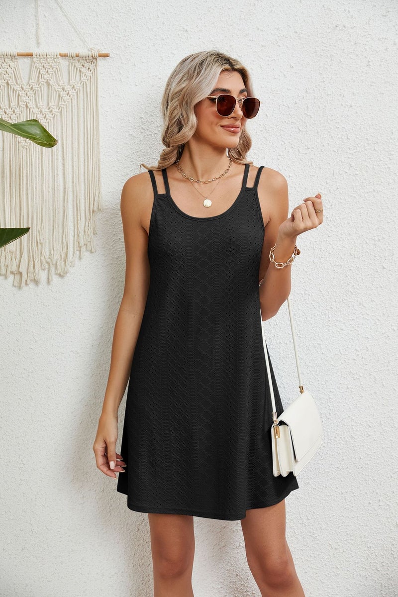 Amazon 2024 Europe and the United States cross-border foreign trade summer new solid color U-collar sling loose sleeveless dress spot Blue - Image 3
