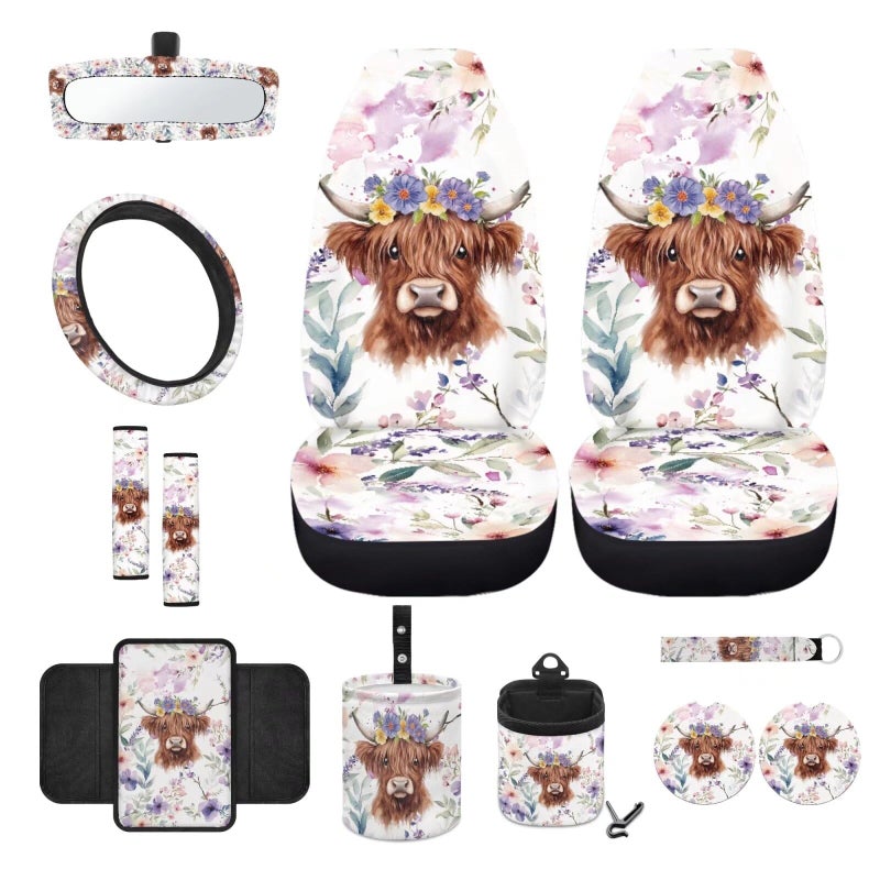 Wanyint Highland Cow Flower Violet Car Seat Cover Set 12 PCS with Bucket Seat Covers Steering Wheel Cover Seat Belt Pad Armrest Cover Garbage Bin Air Vent Pocket Rearview Mirror Cover Coaster Keychain - Image 1