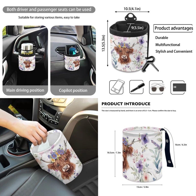 Wanyint Highland Cow Flower Violet Car Seat Cover Set 12 PCS with Bucket Seat Covers Steering Wheel Cover Seat Belt Pad Armrest Cover Garbage Bin Air Vent Pocket Rearview Mirror Cover Coaster Keychain - Image 4