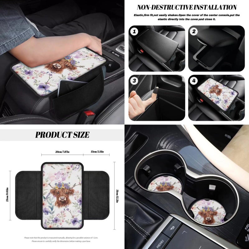 Wanyint Highland Cow Flower Violet Car Seat Cover Set 12 PCS with Bucket Seat Covers Steering Wheel Cover Seat Belt Pad Armrest Cover Garbage Bin Air Vent Pocket Rearview Mirror Cover Coaster Keychain - Image 5
