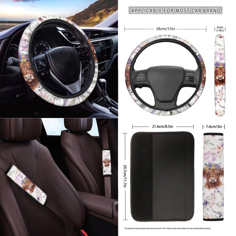 Wanyint Highland Cow Flower Violet Car Seat Cover Set 12 PCS with Bucket Seat Covers Steering Wheel Cover Seat Belt Pad Armrest Cover Garbage Bin Air Vent Pocket Rearview Mirror Cover Coaster Keychain - Image 3