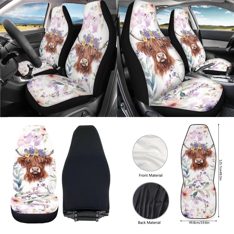 Wanyint Highland Cow Flower Violet Car Seat Cover Set 12 PCS with Bucket Seat Covers Steering Wheel Cover Seat Belt Pad Armrest Cover Garbage Bin Air Vent Pocket Rearview Mirror Cover Coaster Keychain - Image 2