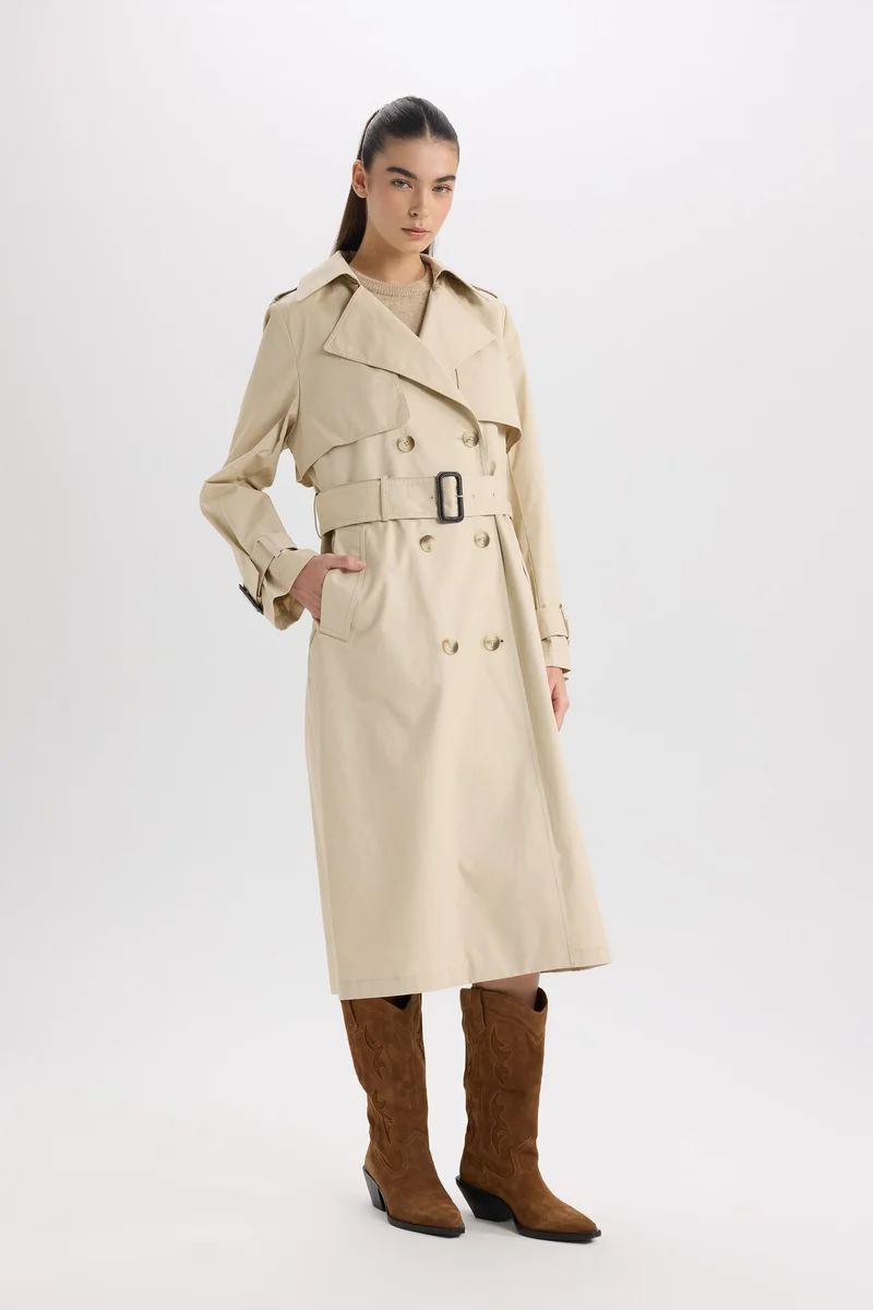 Defacto  Double Breasted Belted Long Trench Coat for Women | Best Price UAE
