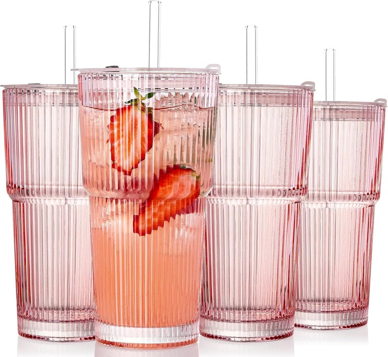 SIPBYSOP 4PCS Ribbed Glass Cups with Lids and Straws, 20oz Vintage Drinking Glasses, Aesthetic Iced Coffee Cups, Glass Tumbler for Boba, Beer, Tea, Cocktails, Ribbed Glassware Set,Pink - Image 1