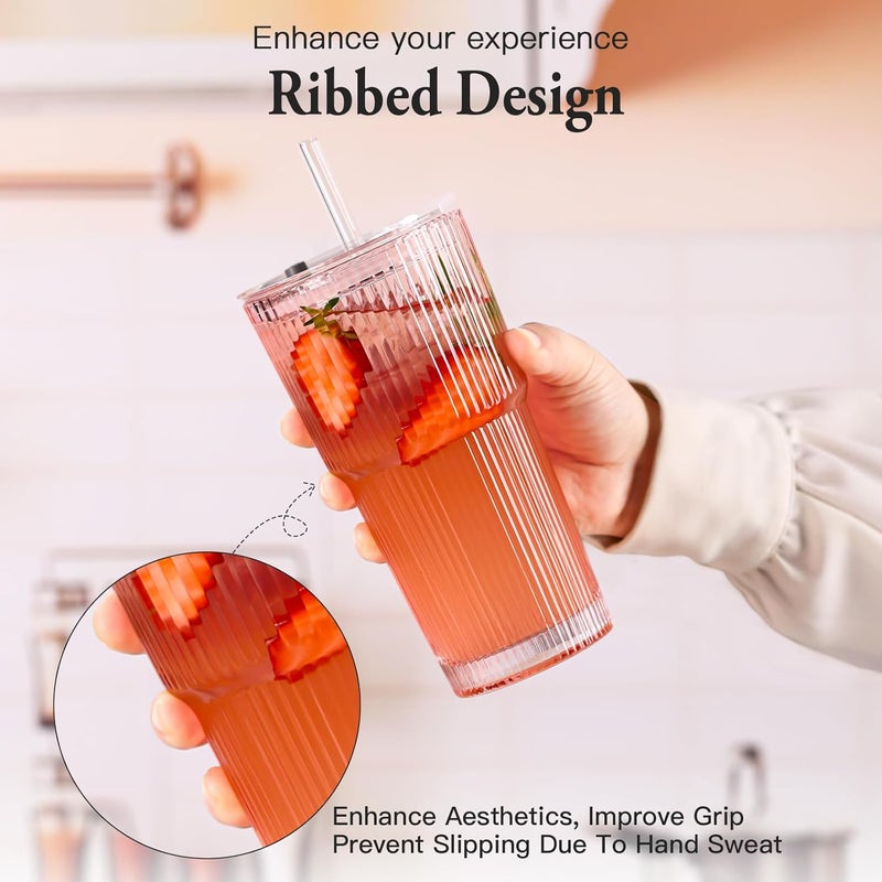 SIPBYSOP 4PCS Ribbed Glass Cups with Lids and Straws, 20oz Vintage Drinking Glasses, Aesthetic Iced Coffee Cups, Glass Tumbler for Boba, Beer, Tea, Cocktails, Ribbed Glassware Set,Pink - Image 3