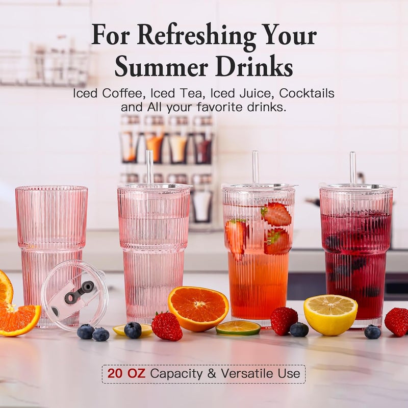 SIPBYSOP 4PCS Ribbed Glass Cups with Lids and Straws, 20oz Vintage Drinking Glasses, Aesthetic Iced Coffee Cups, Glass Tumbler for Boba, Beer, Tea, Cocktails, Ribbed Glassware Set,Pink - Image 5