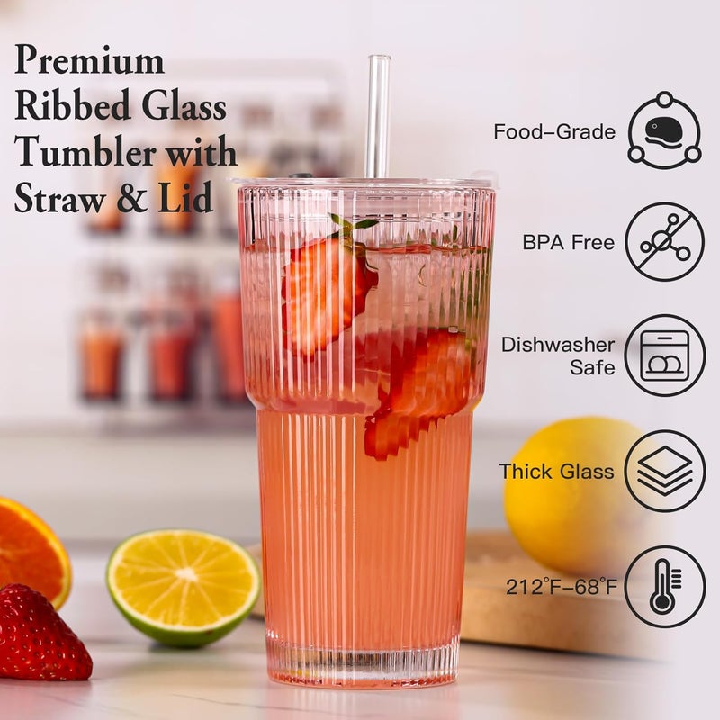 SIPBYSOP 4PCS Ribbed Glass Cups with Lids and Straws, 20oz Vintage Drinking Glasses, Aesthetic Iced Coffee Cups, Glass Tumbler for Boba, Beer, Tea, Cocktails, Ribbed Glassware Set,Pink - Image 2