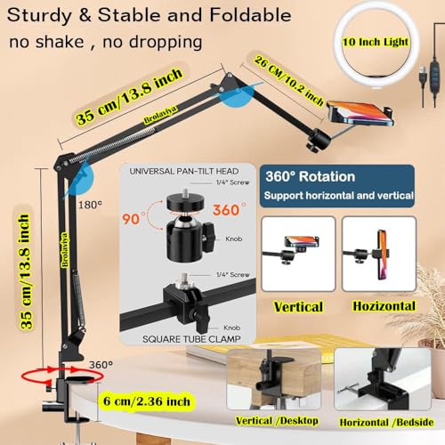 BROLAVIYA No Shadow Overhead Video Mobile Stand with Extra Long Metal Arm,10inch Selfie Ring Light,2 Way Base clamp 1/4" Adaptor for Camera, GoPro and Mobile Bracket for Desktop, Bedroom, Office - Image 5