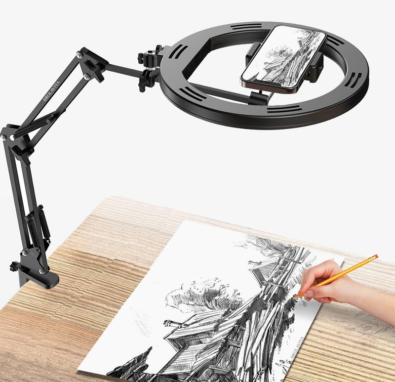 BROLAVIYA No Shadow Overhead Video Mobile Stand with Extra Long Metal Arm,10inch Selfie Ring Light,2 Way Base clamp 1/4" Adaptor for Camera, GoPro and Mobile Bracket for Desktop, Bedroom, Office - Image 1