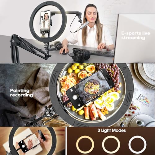 BROLAVIYA No Shadow Overhead Video Mobile Stand with Extra Long Metal Arm,10inch Selfie Ring Light,2 Way Base clamp 1/4" Adaptor for Camera, GoPro and Mobile Bracket for Desktop, Bedroom, Office - Image 3