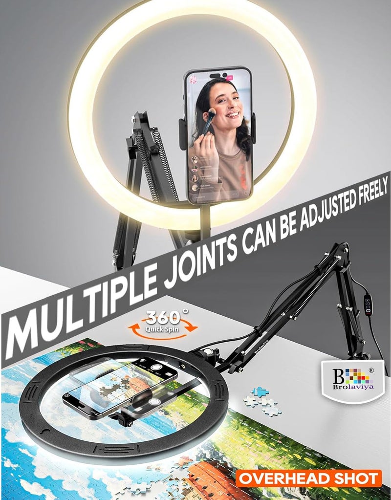 BROLAVIYA No Shadow Overhead Video Mobile Stand with Extra Long Metal Arm,10inch Selfie Ring Light,2 Way Base clamp 1/4" Adaptor for Camera, GoPro and Mobile Bracket for Desktop, Bedroom, Office - Image 2