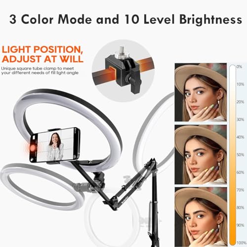 BROLAVIYA No Shadow Overhead Video Mobile Stand with Extra Long Metal Arm,10inch Selfie Ring Light,2 Way Base clamp 1/4" Adaptor for Camera, GoPro and Mobile Bracket for Desktop, Bedroom, Office - Image 4